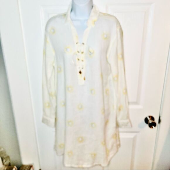 Cynthia Rowley Cream Yellow Sun Moon Linen Swim Coverup Tunic Shirt Dress S - Picture 5 of 9